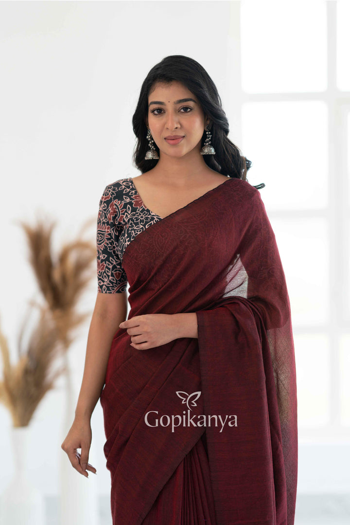 Maroon Khadi Cotton Saree With Leaf Printed Blouse - Gopi Kanya