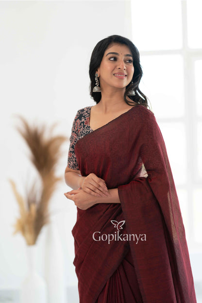 Maroon Khadi Cotton Saree With Leaf Printed Blouse - Gopi Kanya