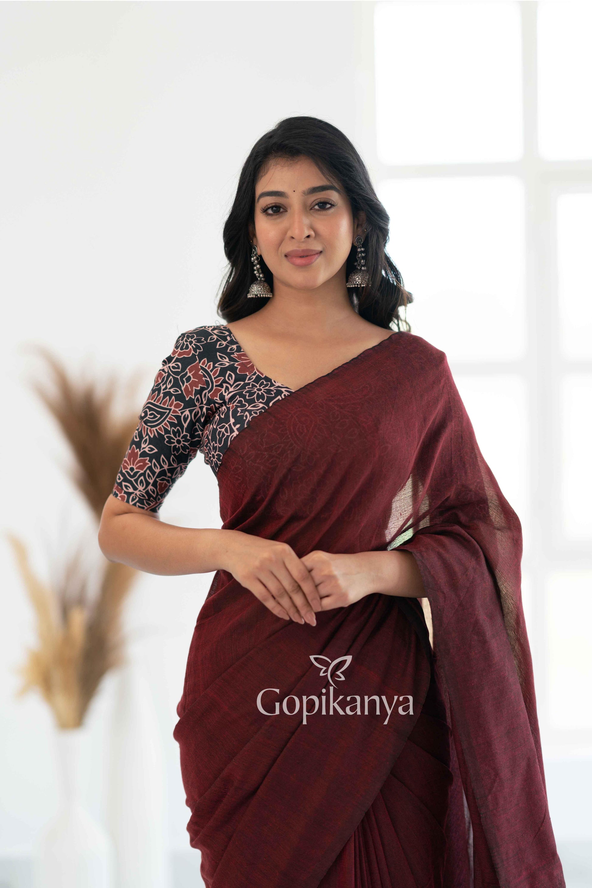 Maroon Khadi Cotton Saree With Leaf Printed Blouse - Gopi Kanya