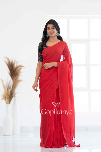 Red Khadi Cotton Saree With Black Printed Blouse - Gopi Kanya