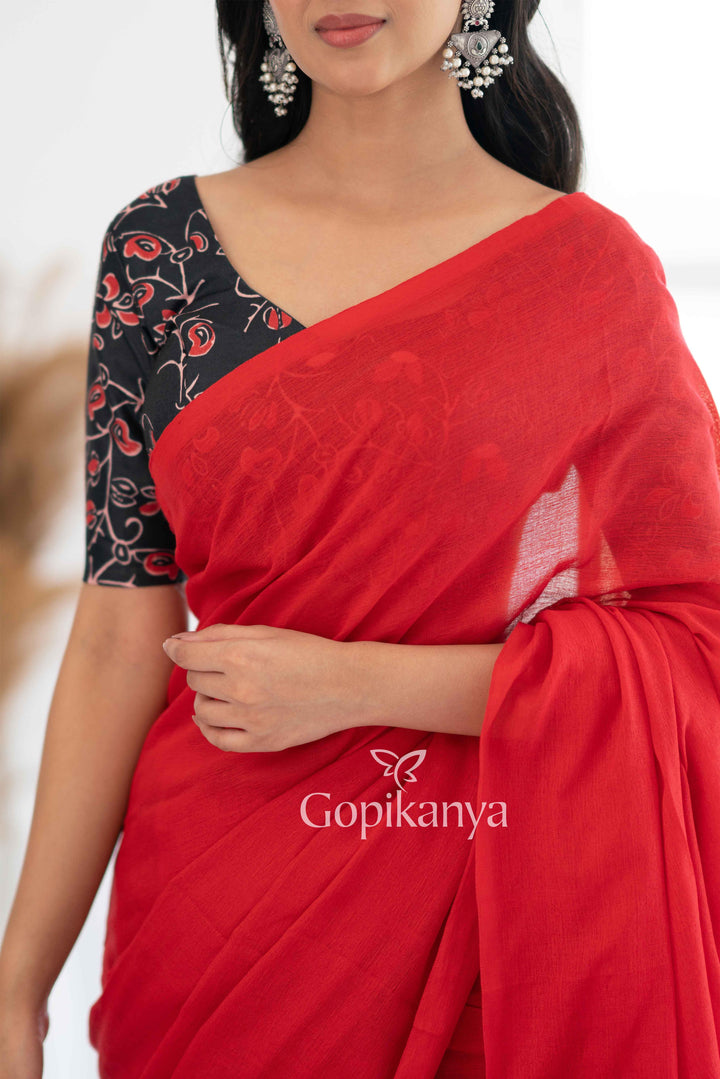 Red Khadi Cotton Saree With Black Printed Blouse - Gopi Kanya