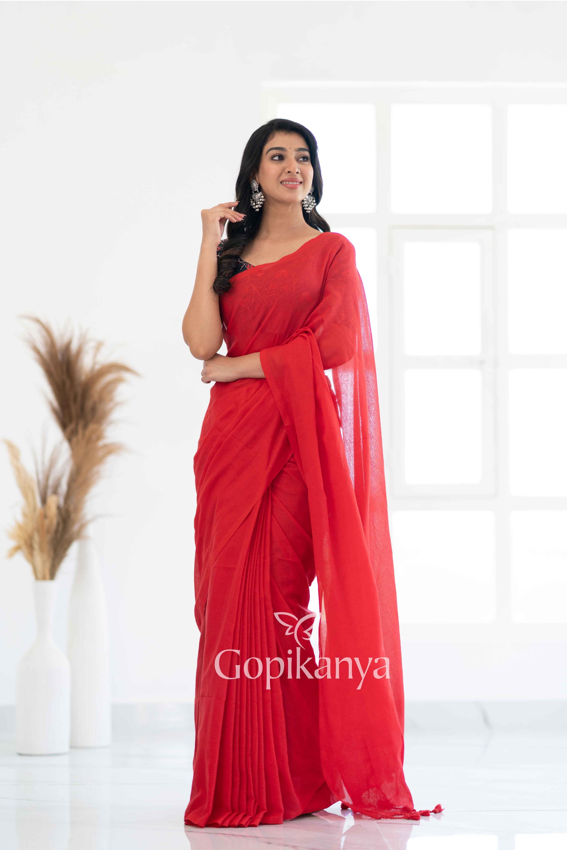 Red Khadi Cotton Saree With Black Printed Blouse - Gopi Kanya