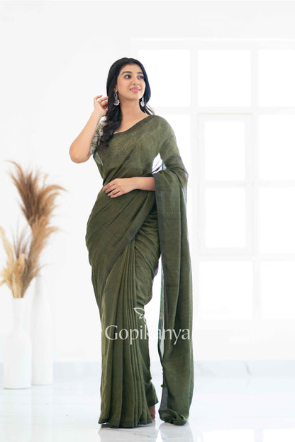 Mehndi Khadi Cotton Saree With White Printed Blouse - Gopi Kanya