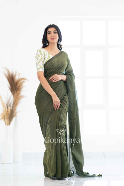 Mehndi Khadi Cotton Saree With White Printed Blouse - Gopi Kanya