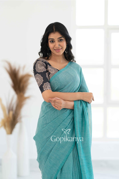 C Green Khadi Cotton Saree With Black Printed Blouse - Gopi Kanya