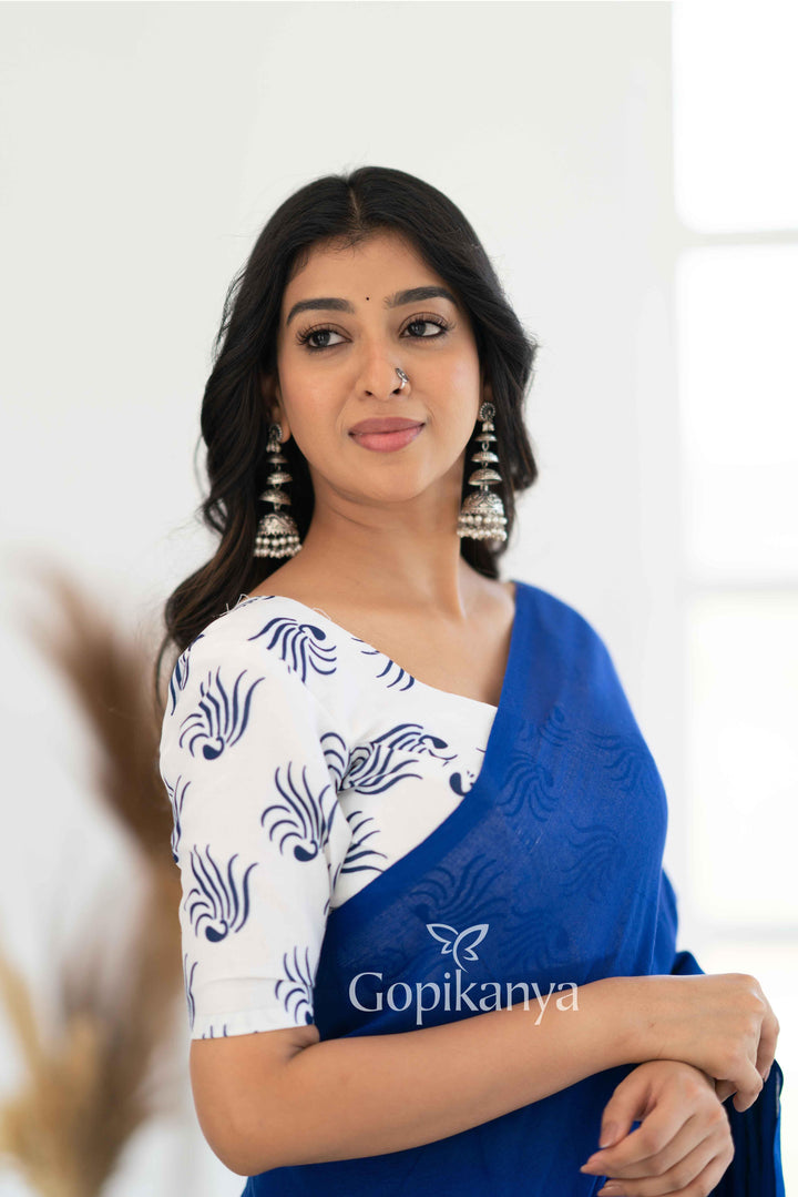 Royal Blue Khadi Cotton Saree With White Printed Blouse - Gopi Kanya