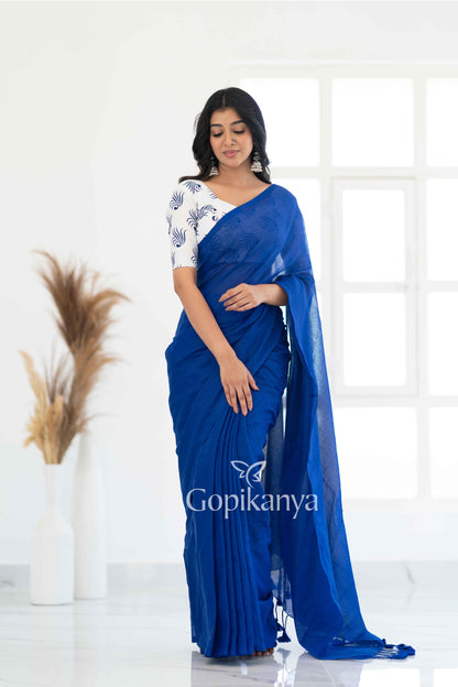 Royal Blue Khadi Cotton Saree With White Printed Blouse - Gopi Kanya