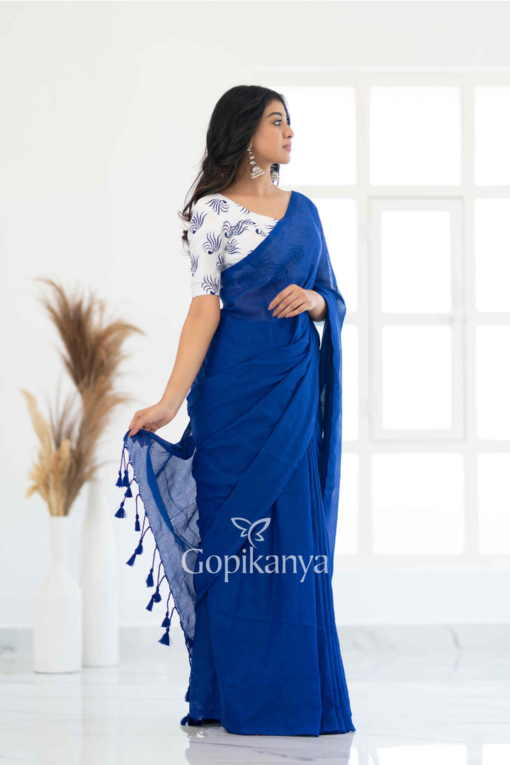 Royal Blue Khadi Cotton Saree With White Printed Blouse - Gopi Kanya