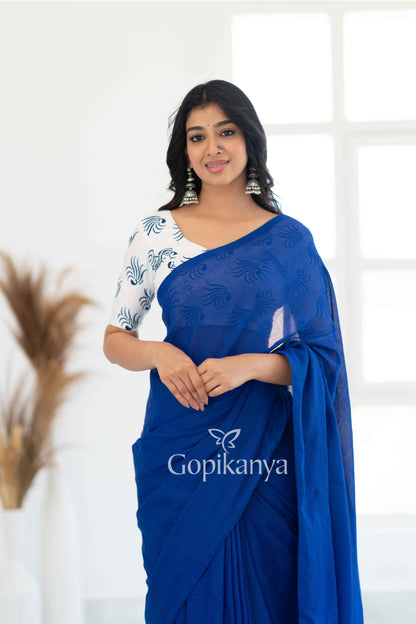 Royal Blue Khadi Cotton Saree With White Printed Blouse - Gopi Kanya