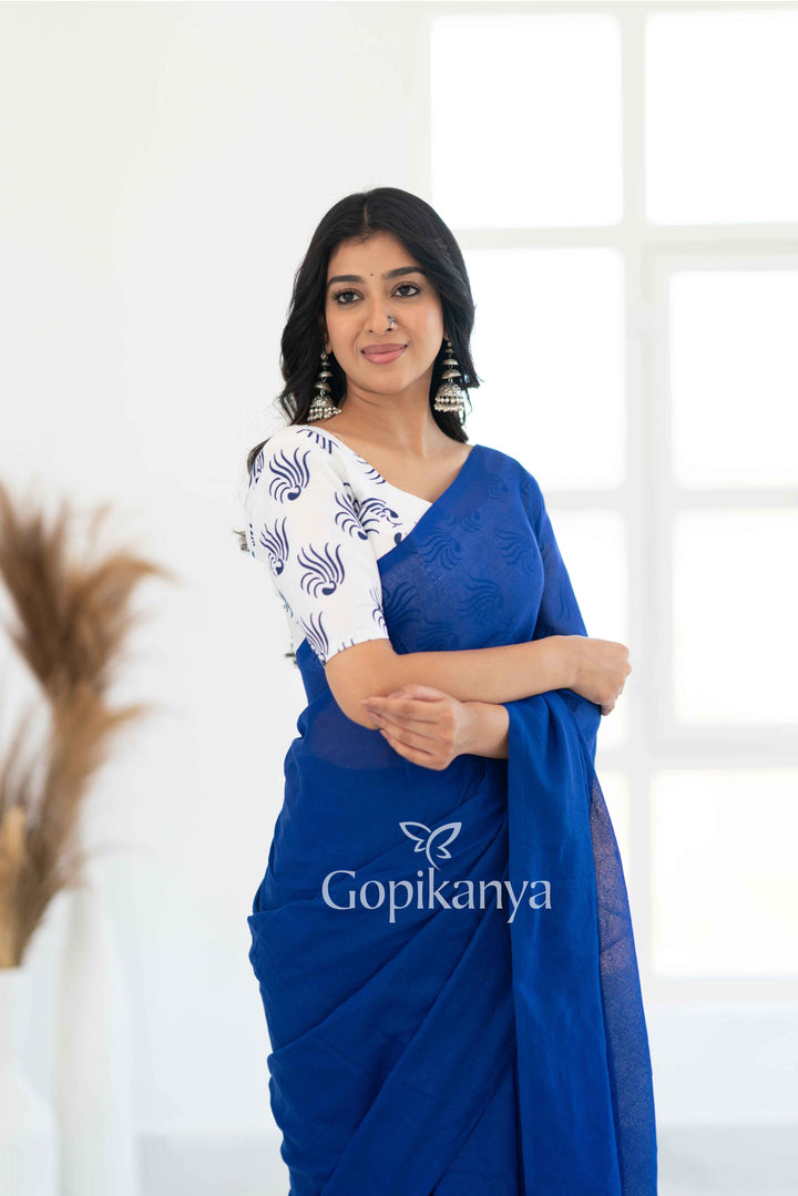 Royal Blue Khadi Cotton Saree With White Printed Blouse - Gopi Kanya