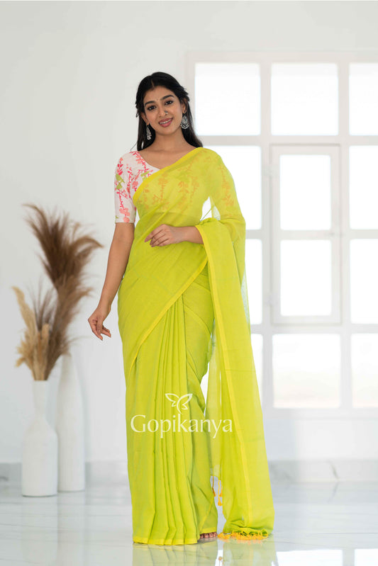 Pista Khadi Cotton Saree With Black Printed Blouse - Gopi Kanya