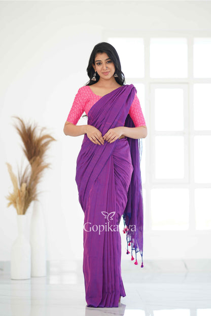 Purple Dual Tone Khadi Cotton Saree With Pink Printed Blouse - Gopi Kanya