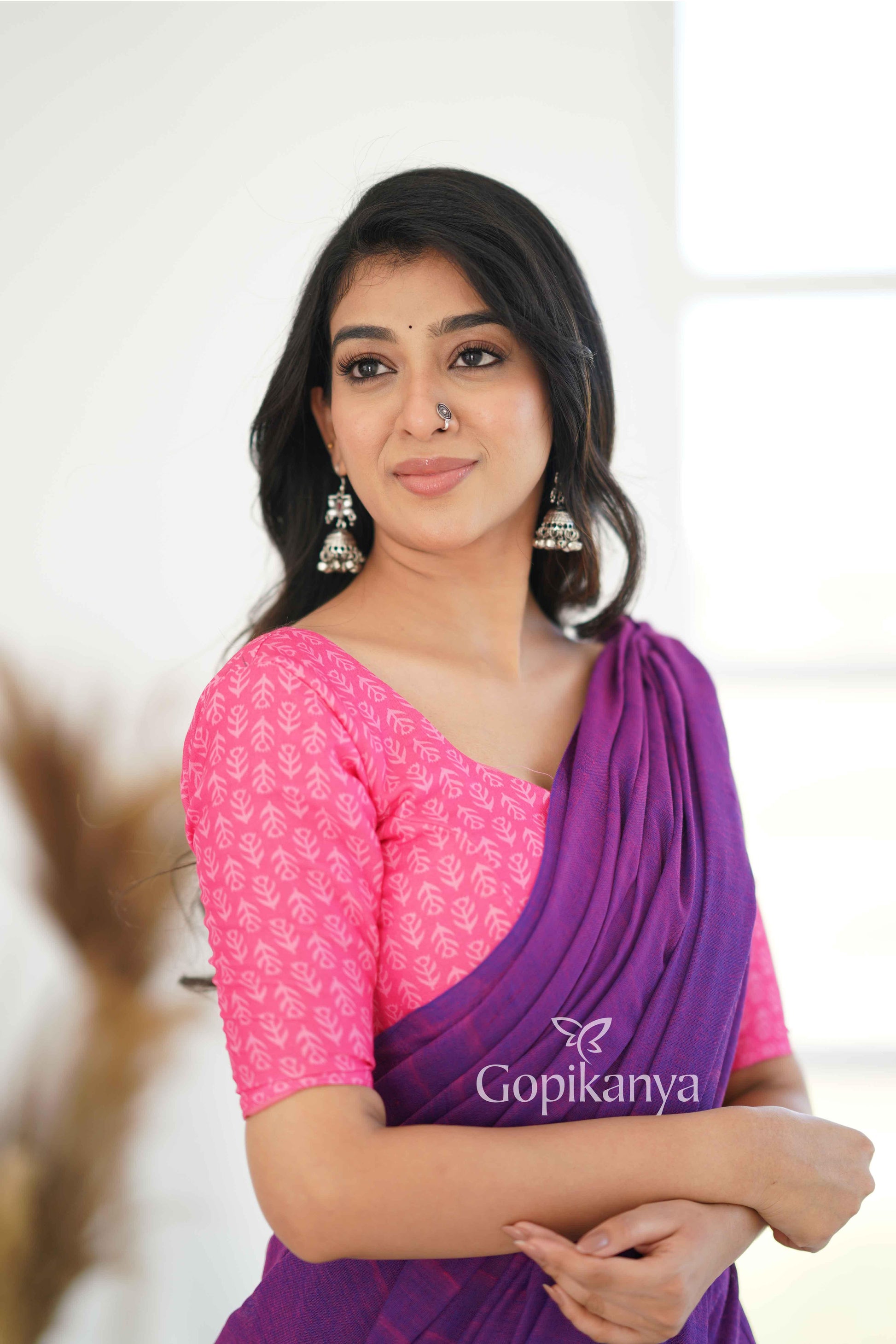 Purple Dual Tone Khadi Cotton Saree With Pink Printed Blouse - Gopi Kanya