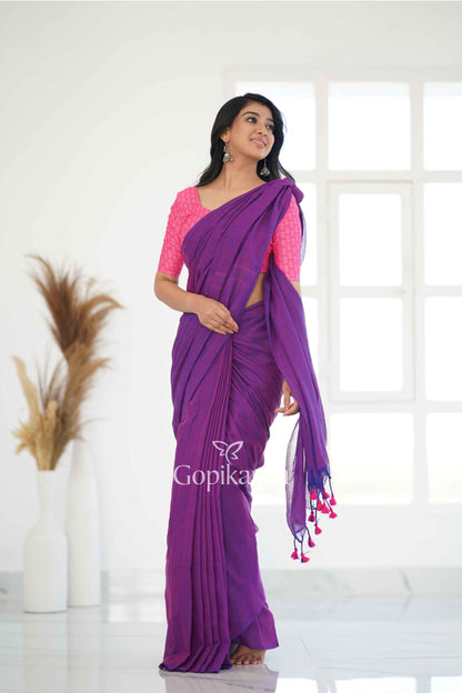 Purple Dual Tone Khadi Cotton Saree With Pink Printed Blouse - Gopi Kanya