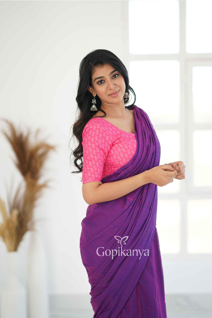 Purple Dual Tone Khadi Cotton Saree With Pink Printed Blouse - Gopi Kanya