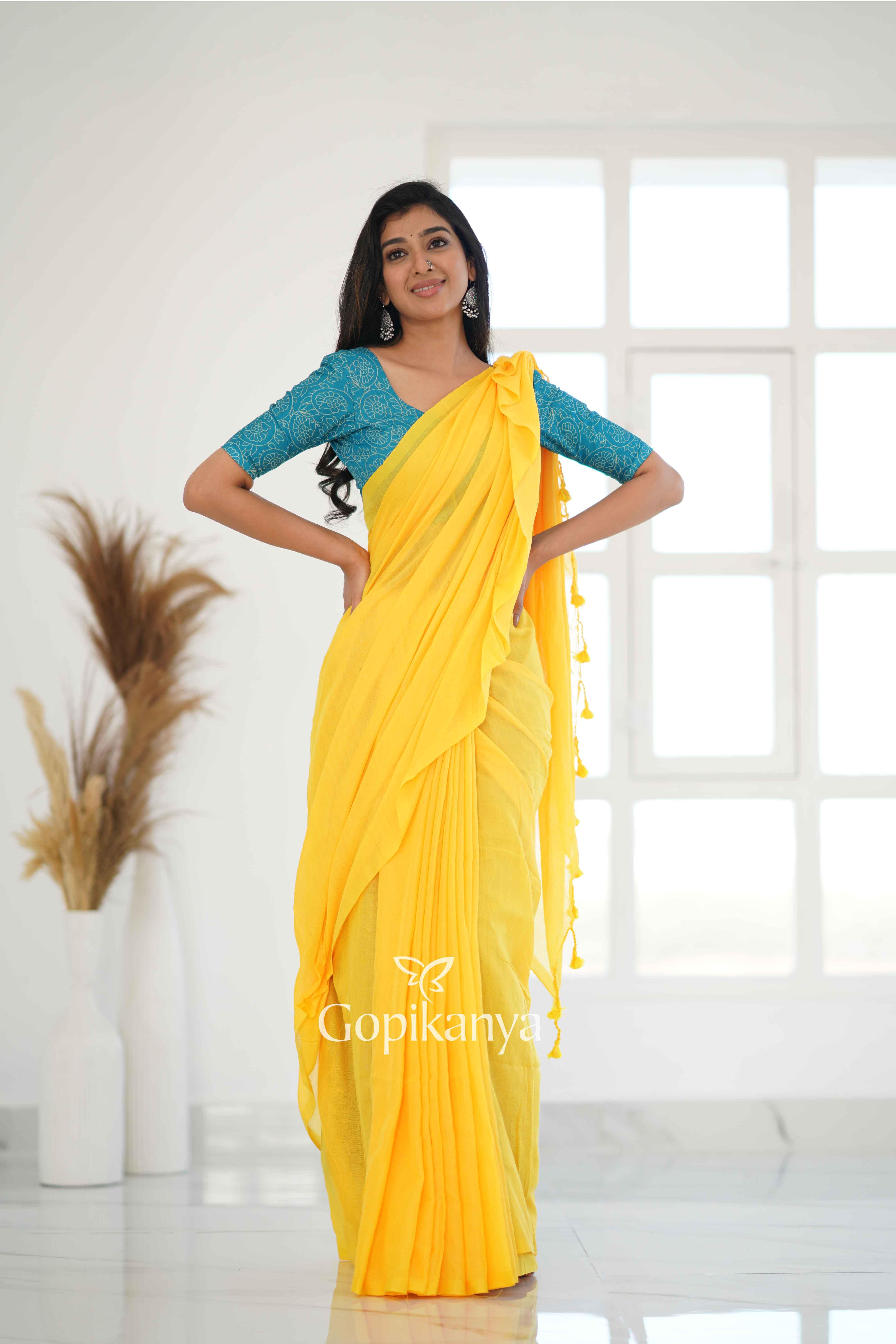 Gopikanya Yellow Khadi Cotton Saree with Sky Printed Blouse Gopi Kanya