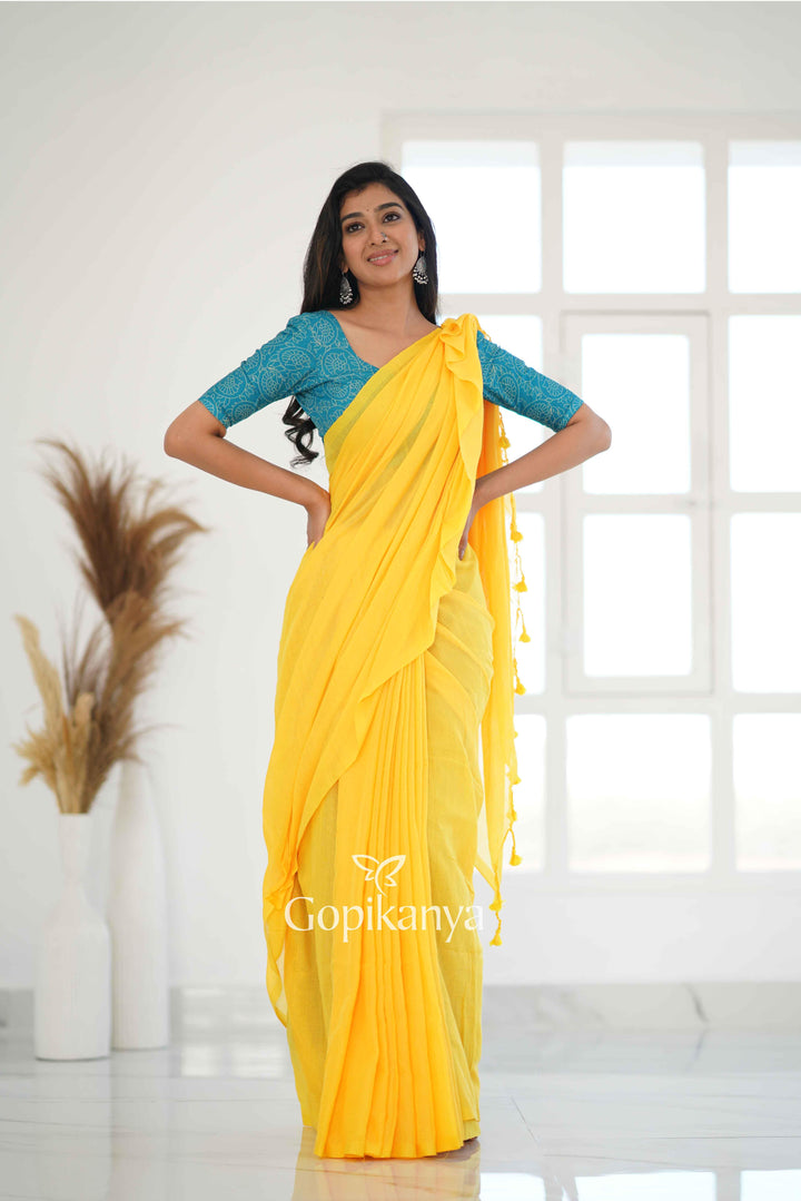 Yellow Khadi Cotton Saree With Sky Printed Blouse - Gopi Kanya