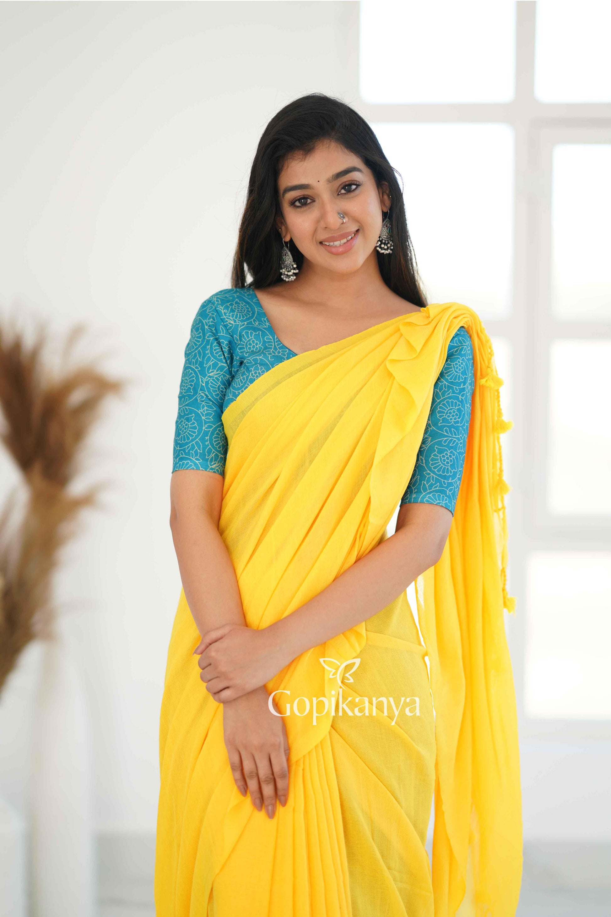 Yellow Khadi Cotton Saree With Sky Printed Blouse - Gopi Kanya