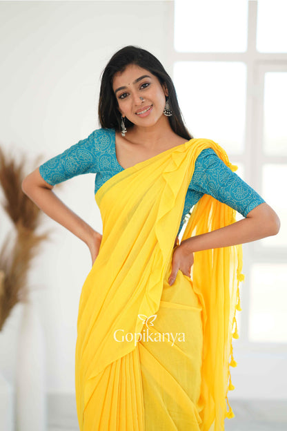 Yellow Khadi Cotton Saree With Sky Printed Blouse - Gopi Kanya