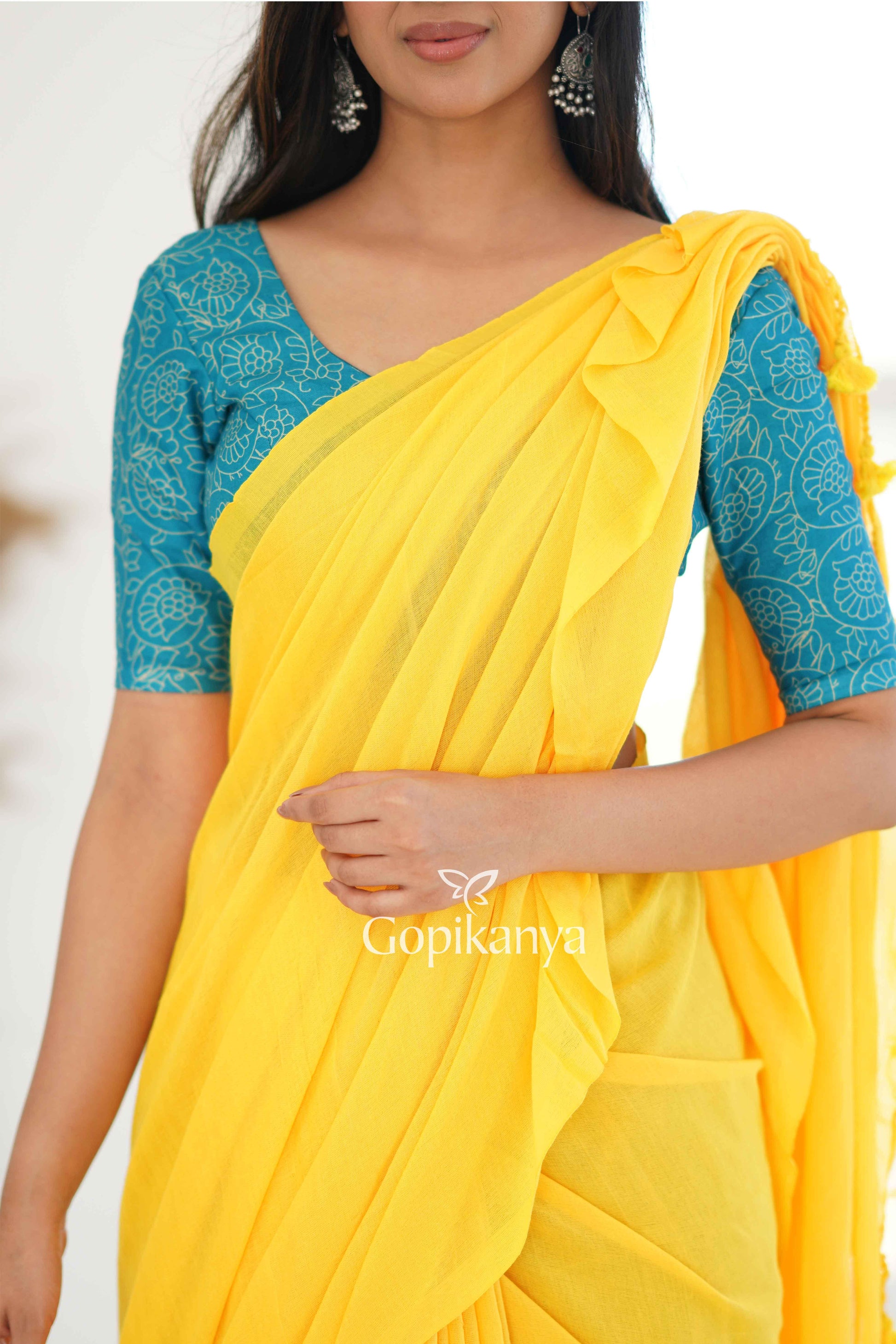 Yellow Khadi Cotton Saree With Sky Printed Blouse - Gopi Kanya