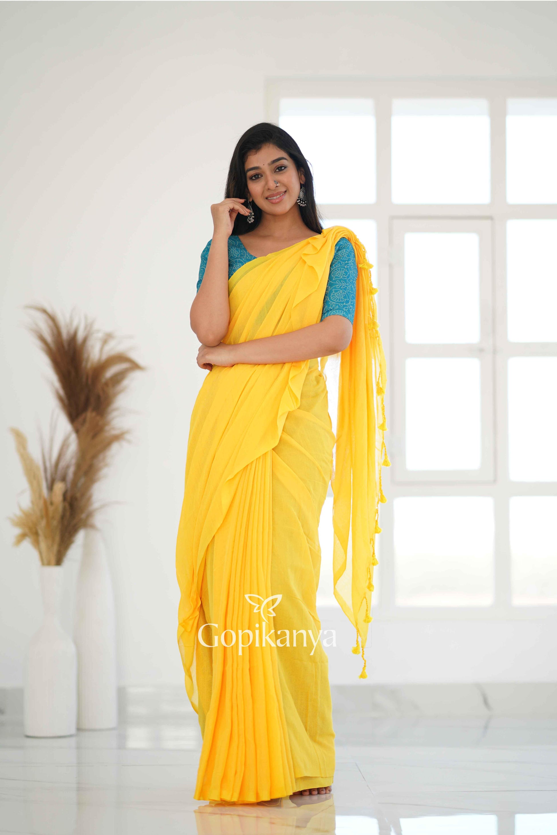 Yellow Khadi Cotton Saree With Sky Printed Blouse - Gopi Kanya