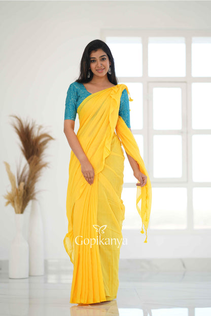 Yellow Khadi Cotton Saree With Sky Printed Blouse - Gopi Kanya