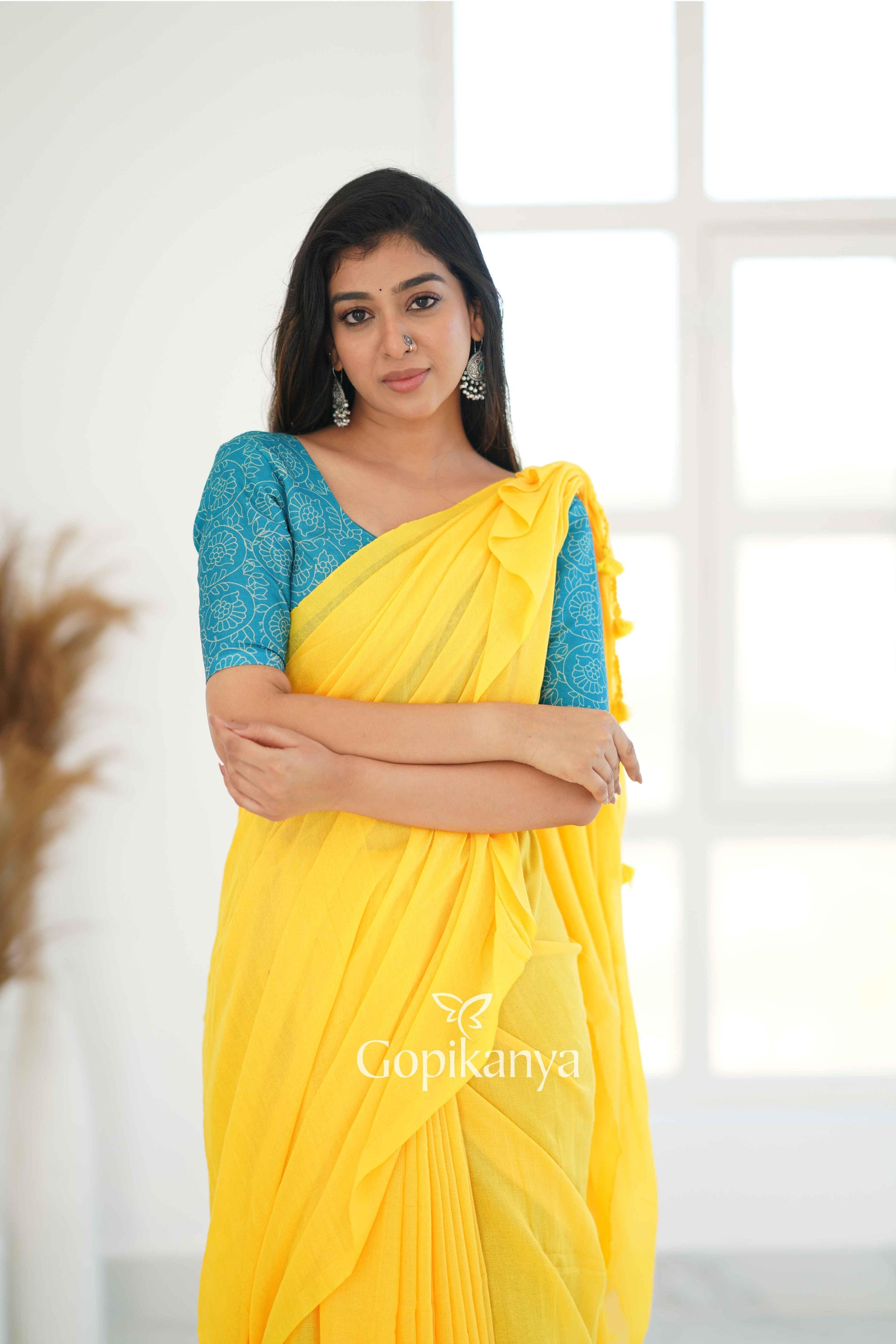 Yellow Khadi Cotton Saree With Sky Printed Blouse - Gopi Kanya