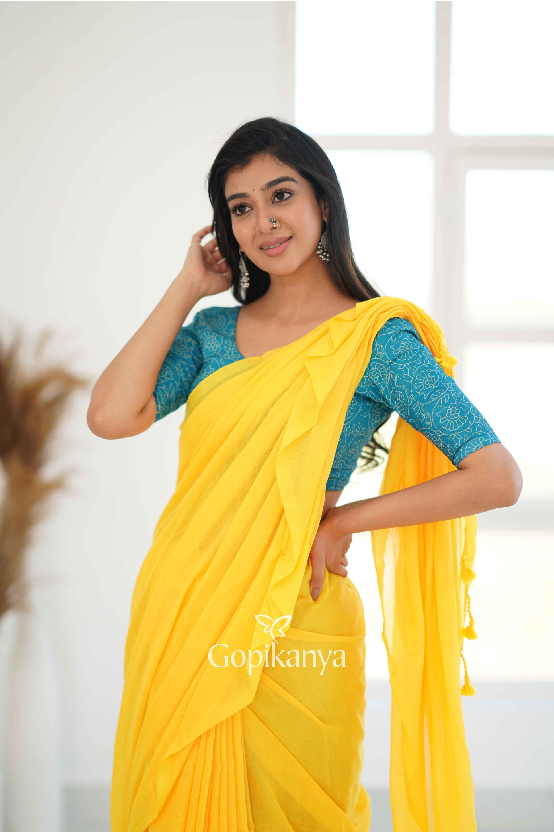 Yellow Khadi Cotton Saree With Sky Printed Blouse - Gopi Kanya