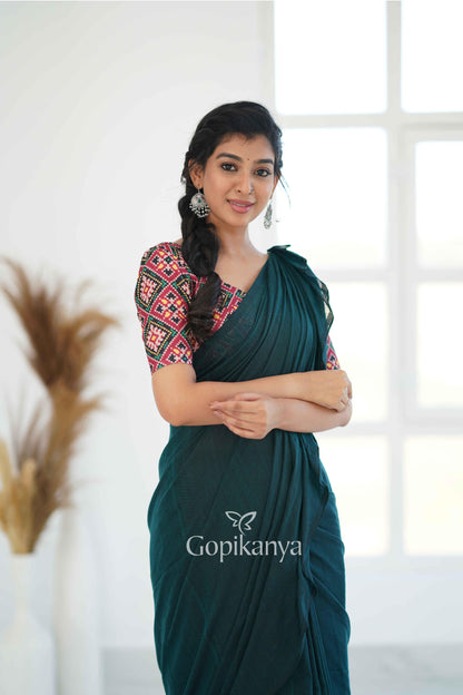 Rama Khadi Cotton Saree With Patola Printed Blouse - Gopi Kanya