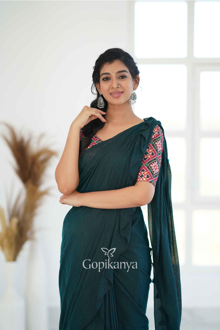 Rama Khadi Cotton Saree With Patola Printed Blouse - Gopi Kanya