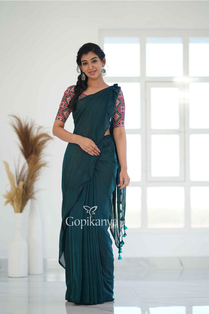 Rama Khadi Cotton Saree With Patola Printed Blouse - Gopi Kanya