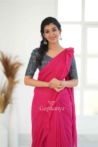 Pink Khadi Cotton Saree With Bandhni Printed Blouse - Gopi Kanya