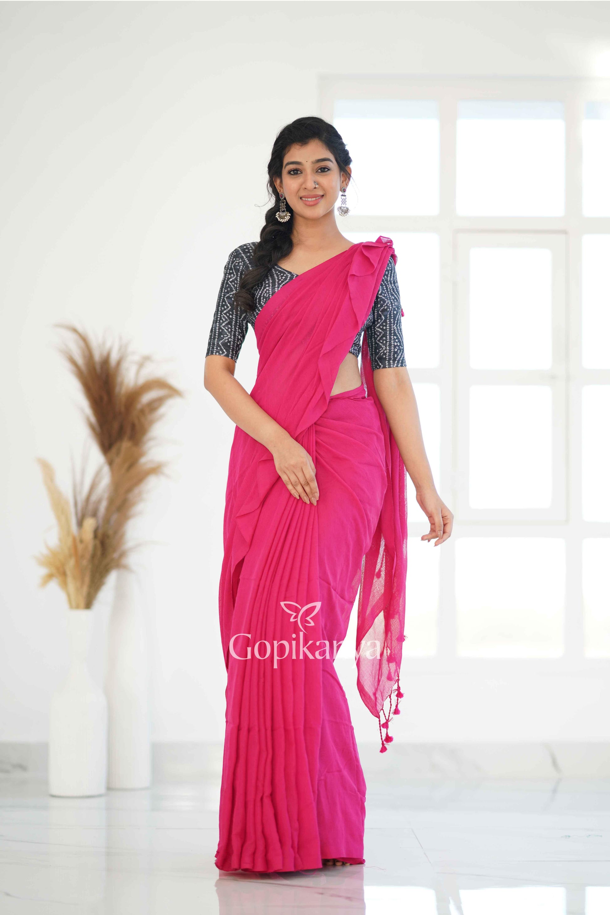 Pink Khadi Cotton Saree With Bandhni Printed Blouse - Gopi Kanya