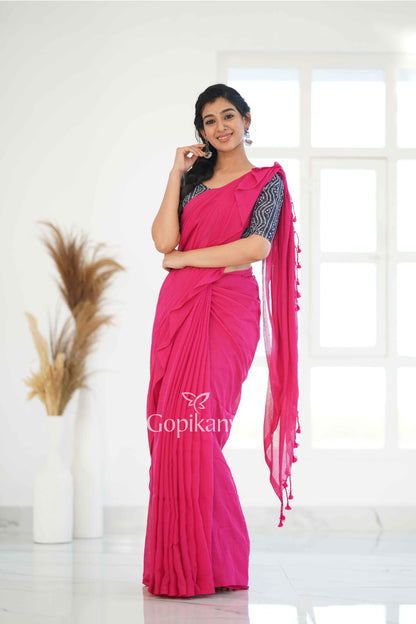 Pink Khadi Cotton Saree With Bandhni Printed Blouse - Gopi Kanya