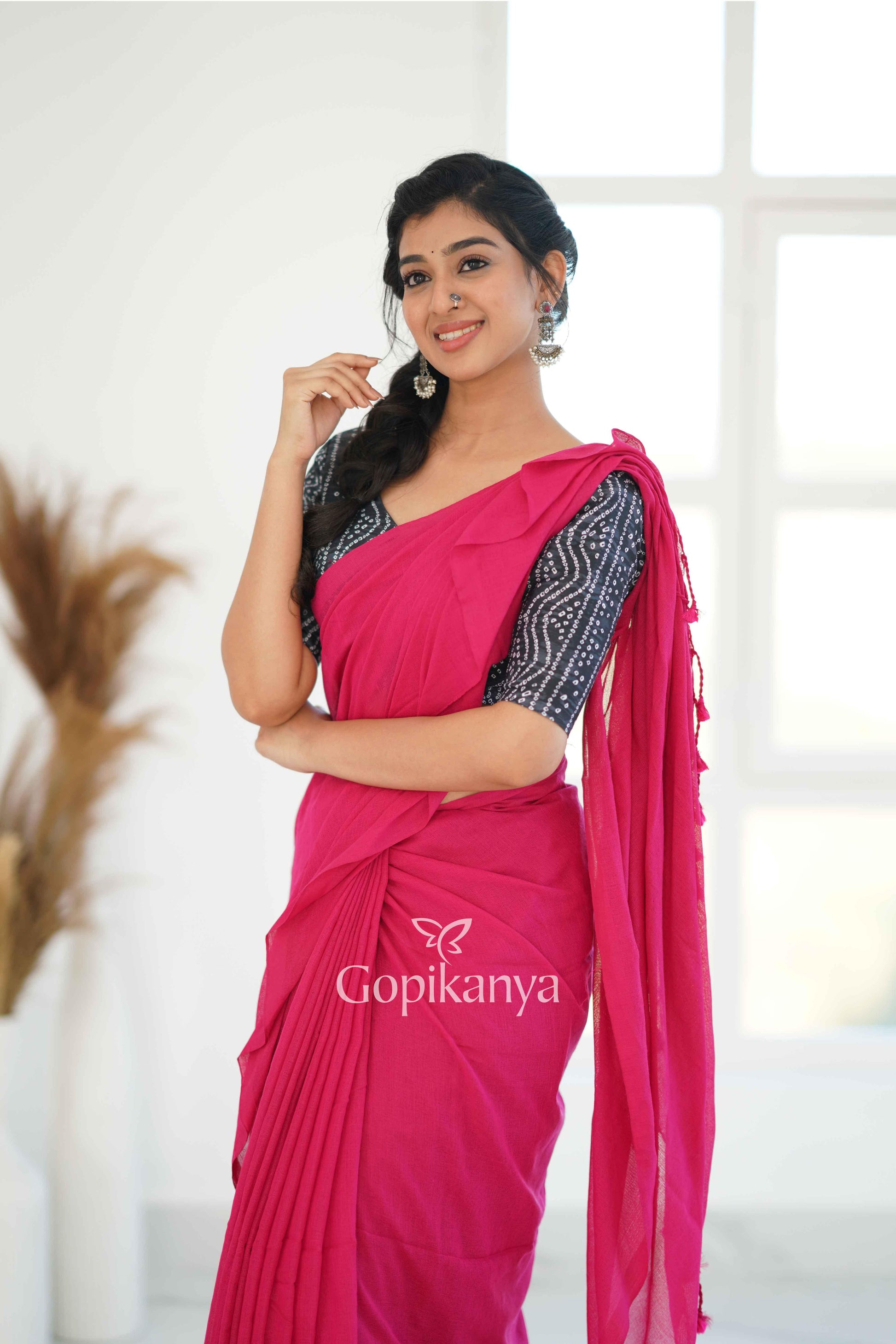 Pink Khadi Cotton Saree With Bandhni Printed Blouse - Gopi Kanya