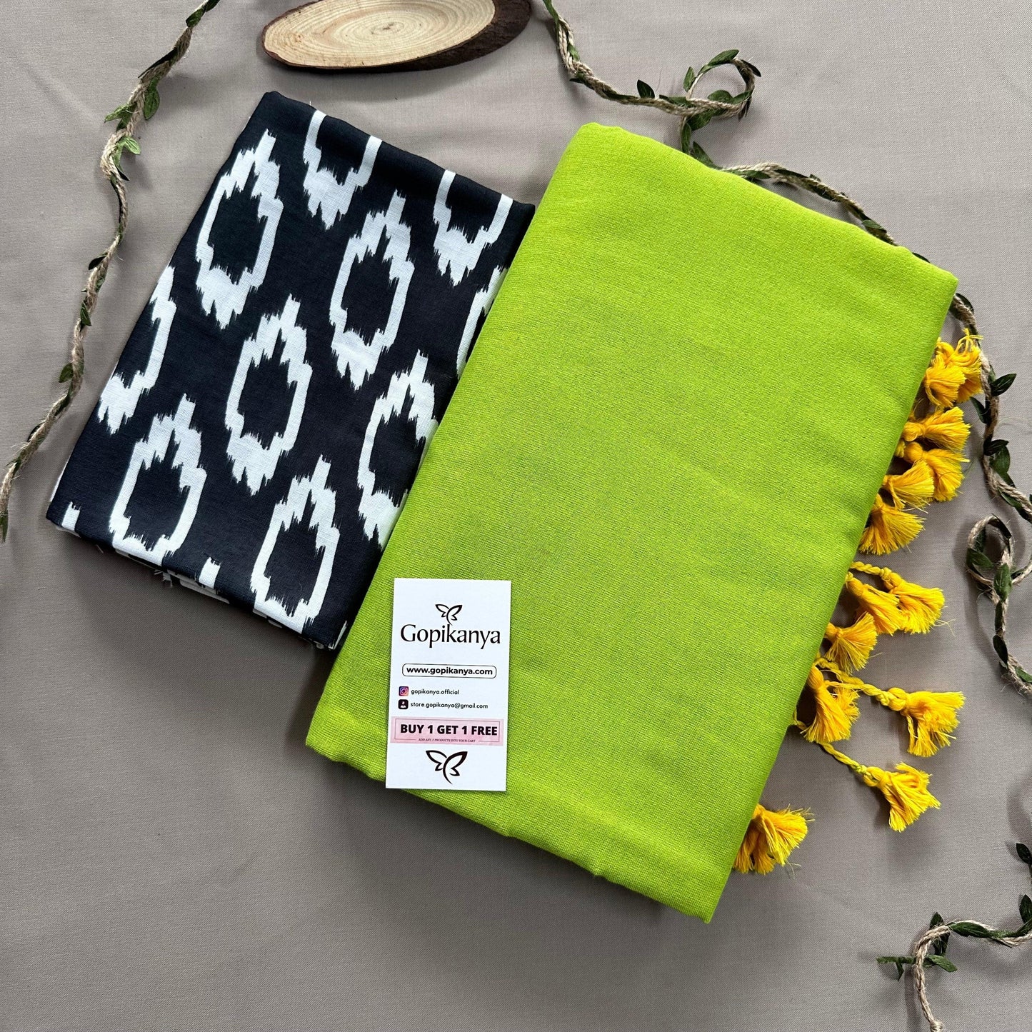 Pista Green Handloom Cotton Saree With Black Printed Blouse - Gopi Kanya