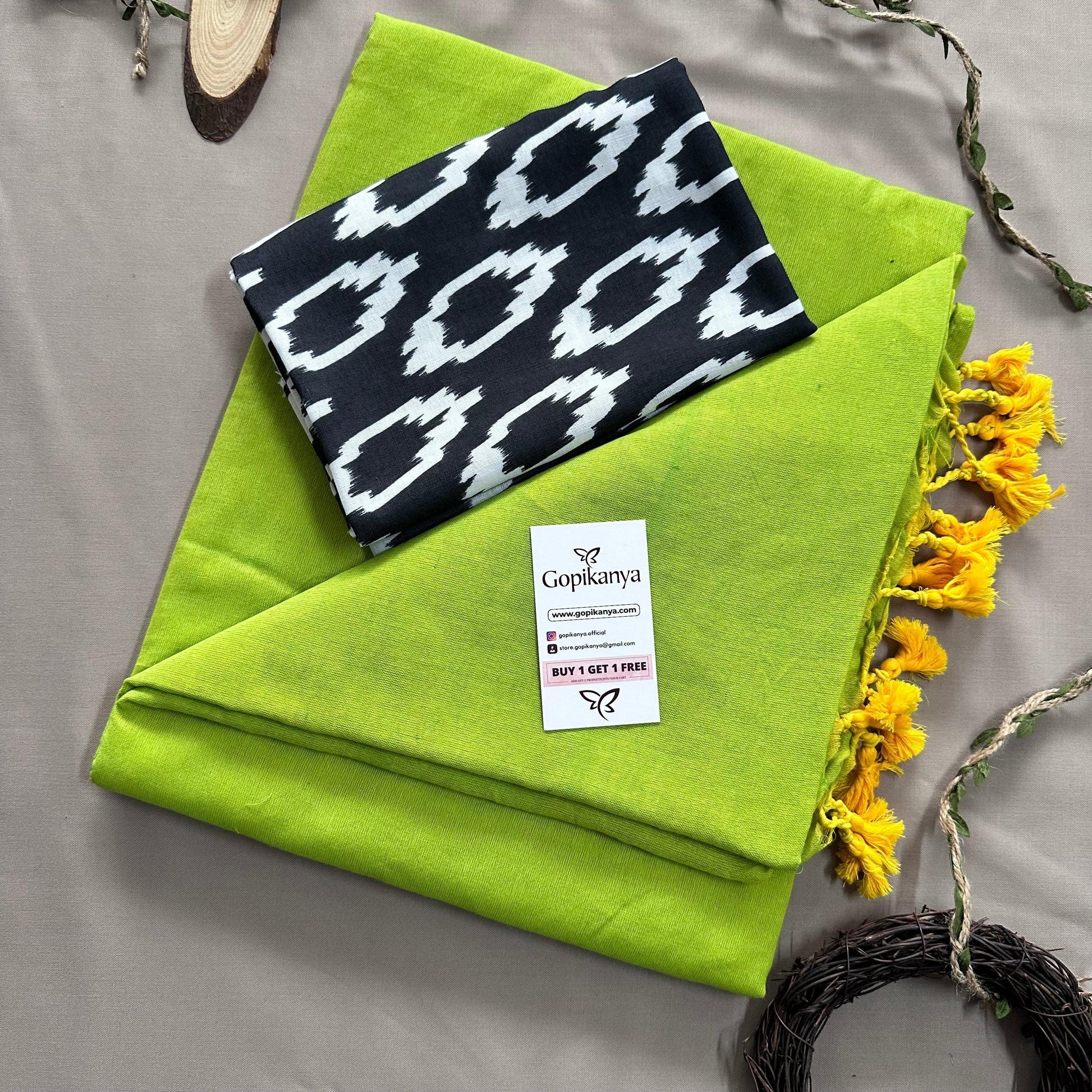 Pista Green Handloom Cotton Saree With Black Printed Blouse - Gopi Kanya