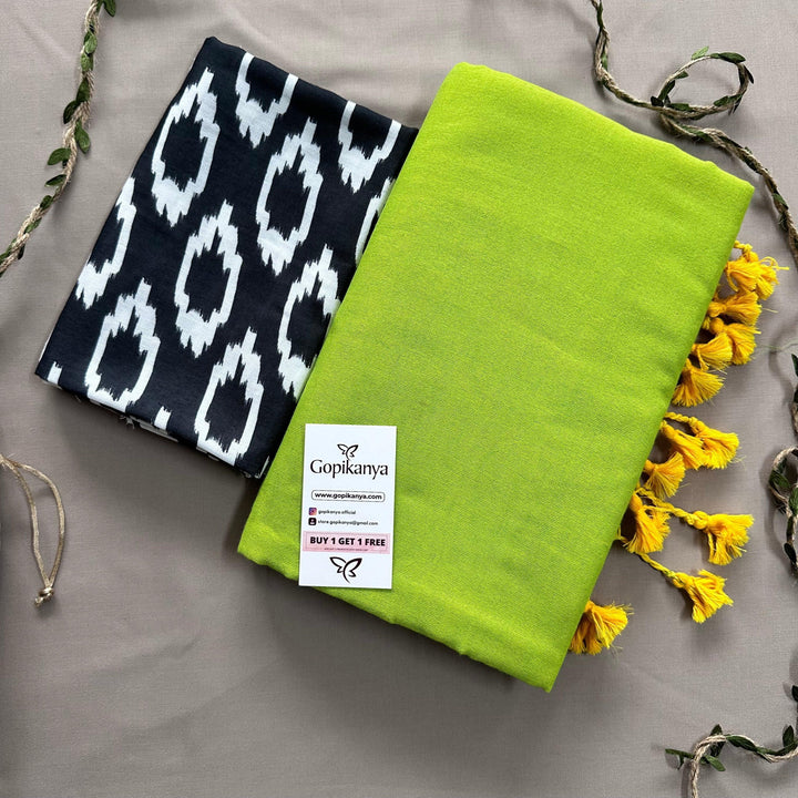 Pista Green Handloom Cotton Saree With Black Printed Blouse - Gopi Kanya