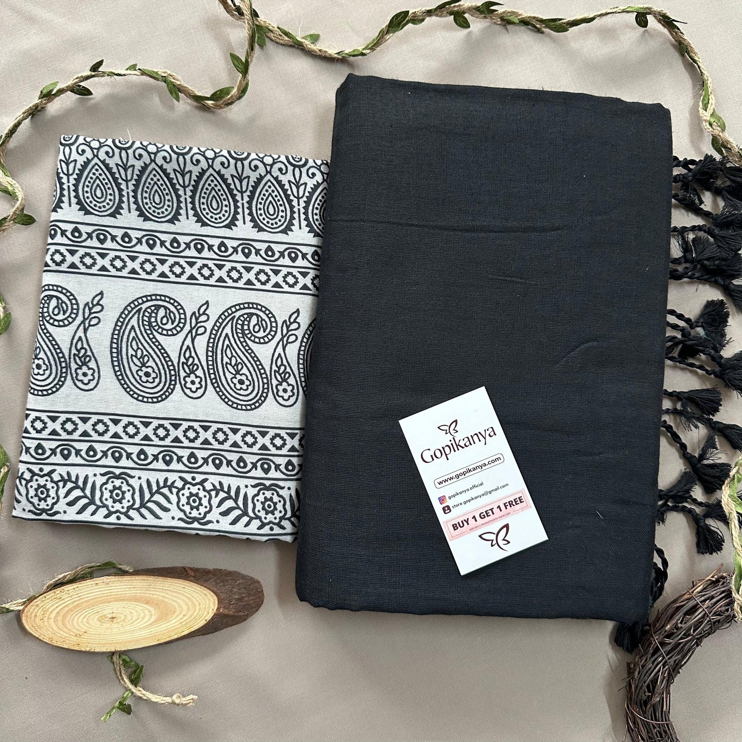 Black Handloom Cotton Saree With Mango Printed Blouse - Gopi Kanya