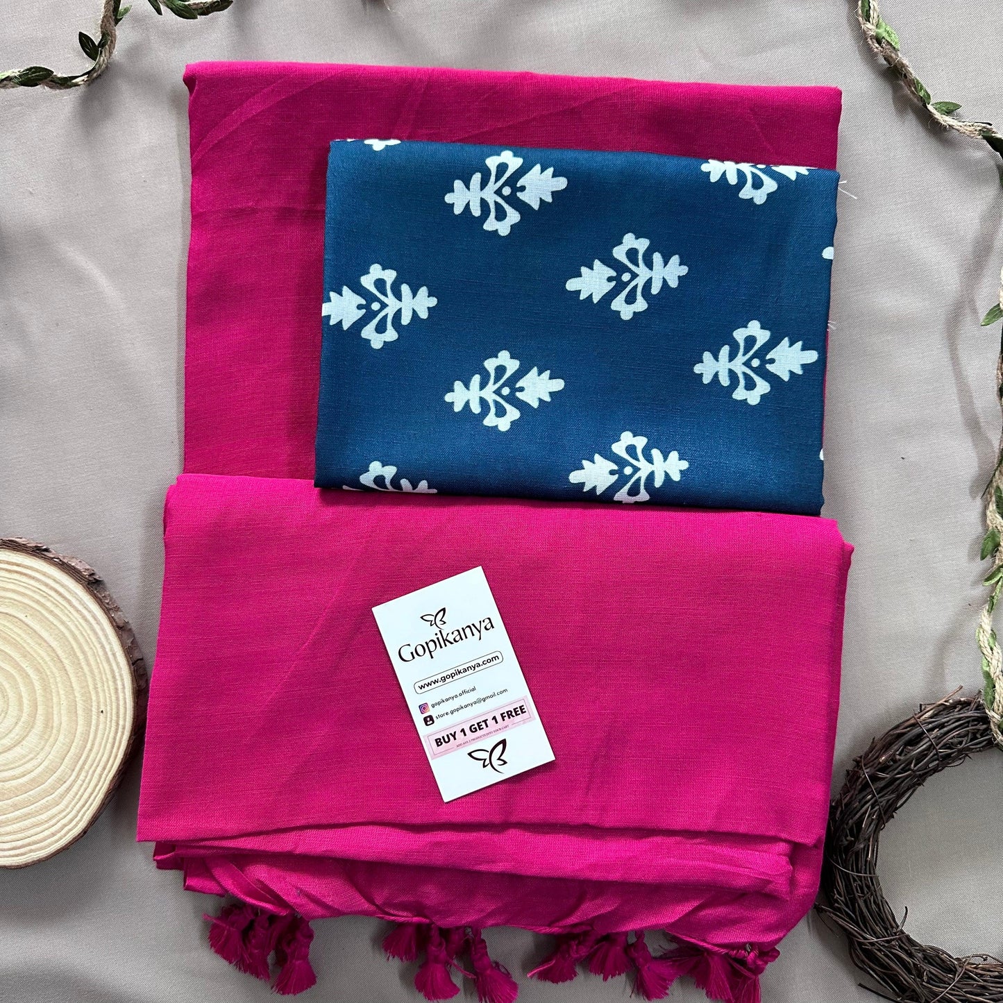 Pink Handloom Cotton Saree With Blue Printed Blouse - Gopi Kanya