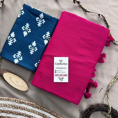 Pink Handloom Cotton Saree With Blue Printed Blouse - Gopi Kanya