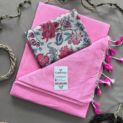 Baby Pink Handloom Cotton Saree With Flower Printed Blouse - Gopi Kanya