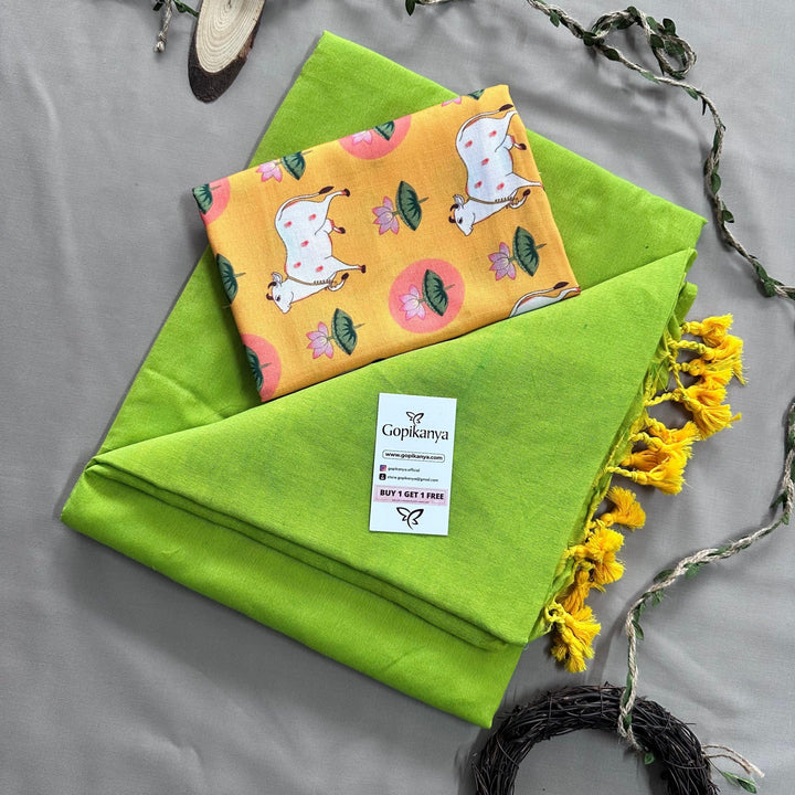 Pista Green Handloom Cotton Saree With Yellow Printed Blouse - Gopi Kanya