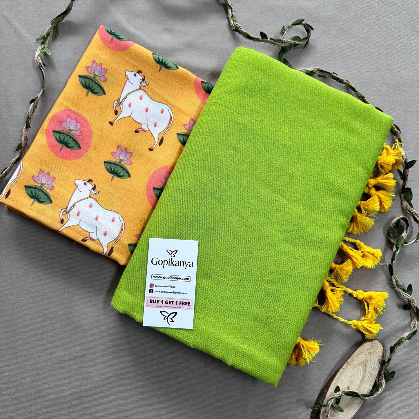 Pista Green Handloom Cotton Saree With Yellow Printed Blouse - Gopi Kanya