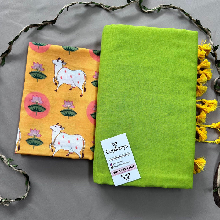 Pista Green Handloom Cotton Saree With Yellow Printed Blouse - Gopi Kanya