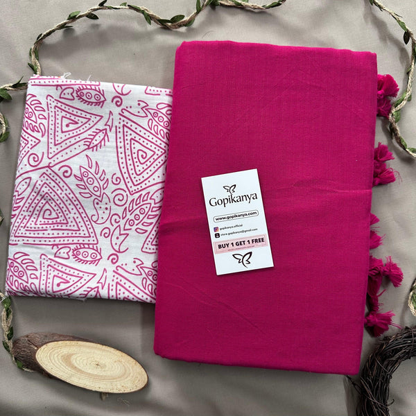 Pink Handloom Cotton Saree With White Printed Blouse - Gopi Kanya