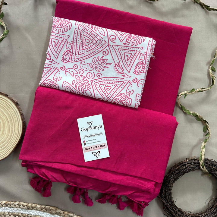 Pink Handloom Cotton Saree With White Printed Blouse - Gopi Kanya