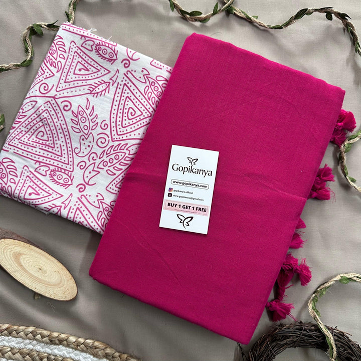 Pink Handloom Cotton Saree With White Printed Blouse - Gopi Kanya