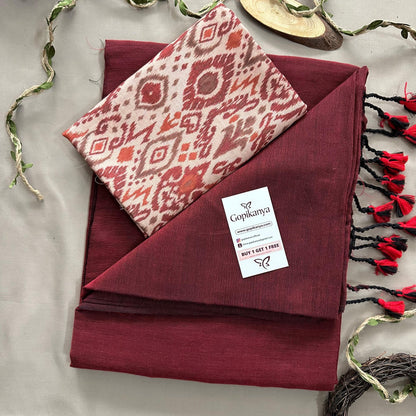 Maroon Handloom Cotton Saree With Ikkat Printed Blouse - Gopi Kanya