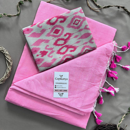 Baby Pink Handloom Cotton Saree With Ikkat Printed Blouse - Gopi Kanya